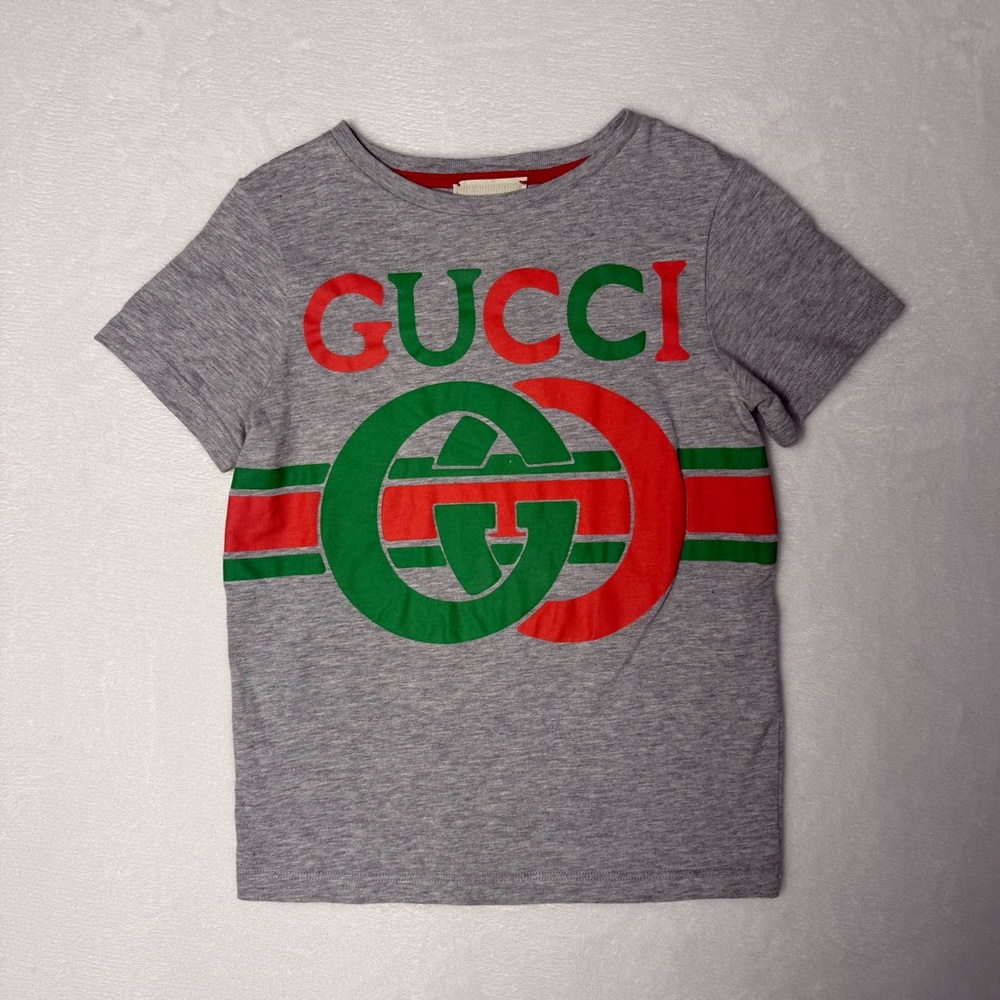 Gucci Kids Gray Tee with Red and Green Accents